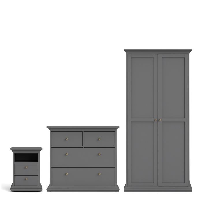 Paris Package - Bedside 2 Drawers in + Chest of 4 Drawers + Wardrobe with 2 Doors Matt Grey - UK - Furniture One Shop