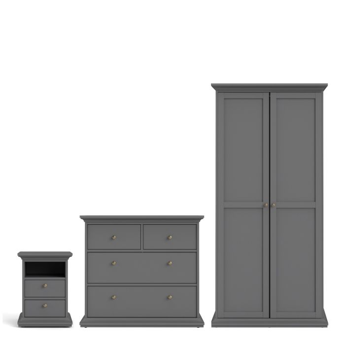 Paris Package - Bedside 2 Drawers in + Chest of 4 Drawers + Wardrobe with 2 Doors Matt Grey - UK