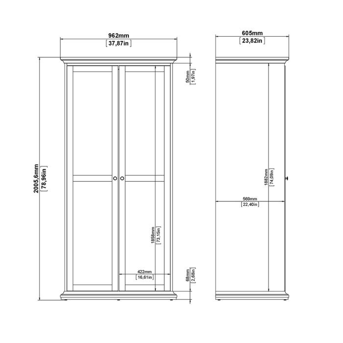 Paris Package - Bedside 2 Drawers in + Chest of 4 Drawers + Wardrobe with 2 Doors Matt Grey - UK