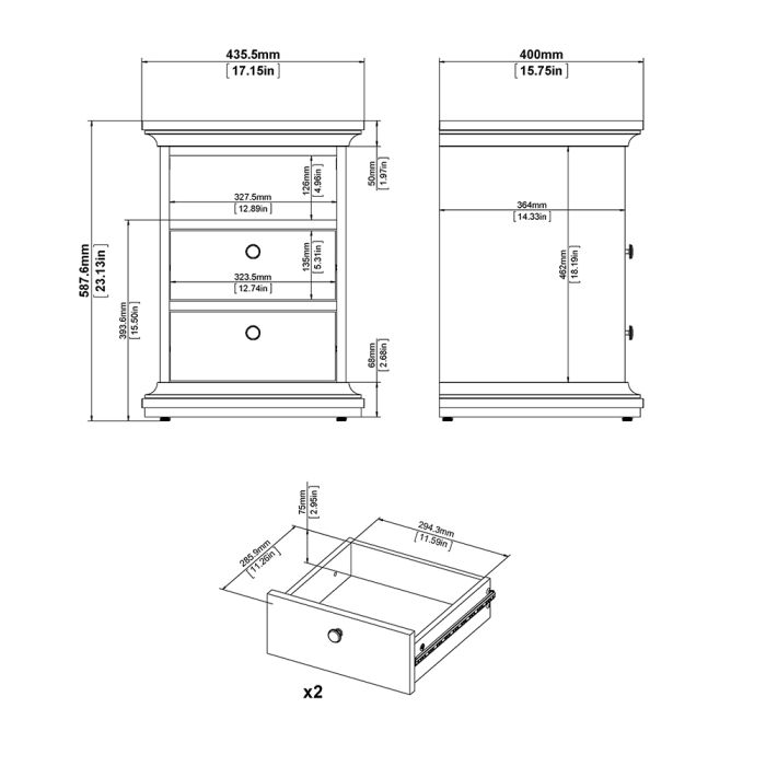 Paris Package - Bedside 2 Drawers in + Chest of 4 Drawers + Wardrobe with 2 Doors Matt Grey - UK