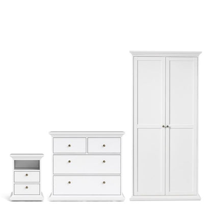 Paris Package - Bedside 2 Drawers in + Chest of 4 Drawers + Wardrobe with 2 Doors White - UK