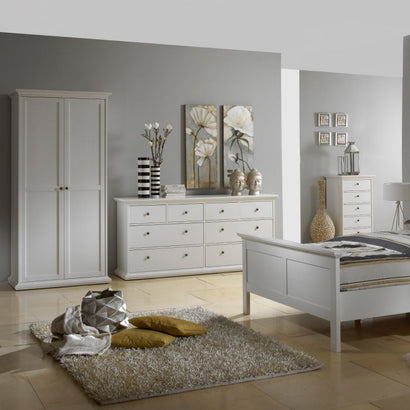 Paris Package - Bedside 2 Drawers in + Chest of 4 Drawers + Wardrobe with 2 Doors White - UK