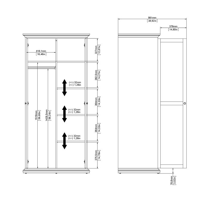 Paris Wardrobe with 2 Doors in Matt Grey - UK