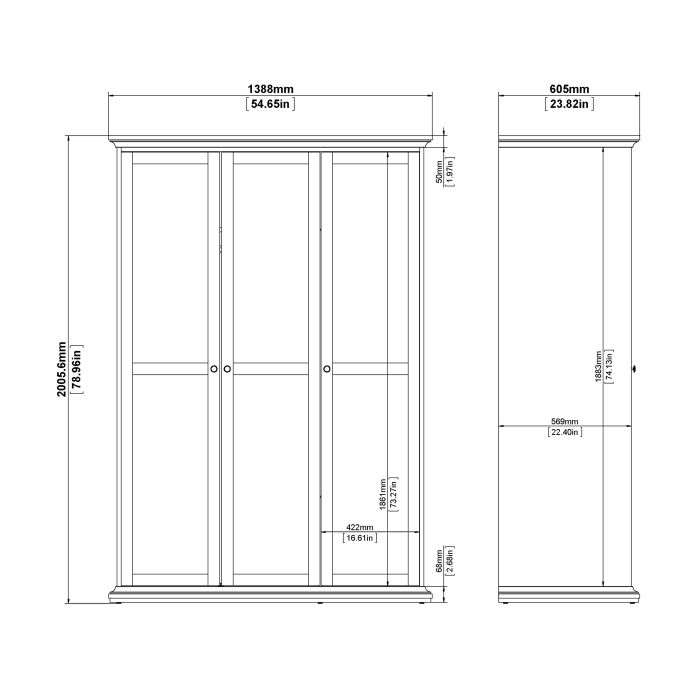 Paris Wardrobe with 3 Doors in Matt Grey - UK