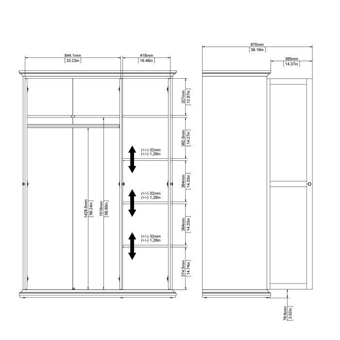 Paris Wardrobe with 3 Doors in Matt Grey - UK