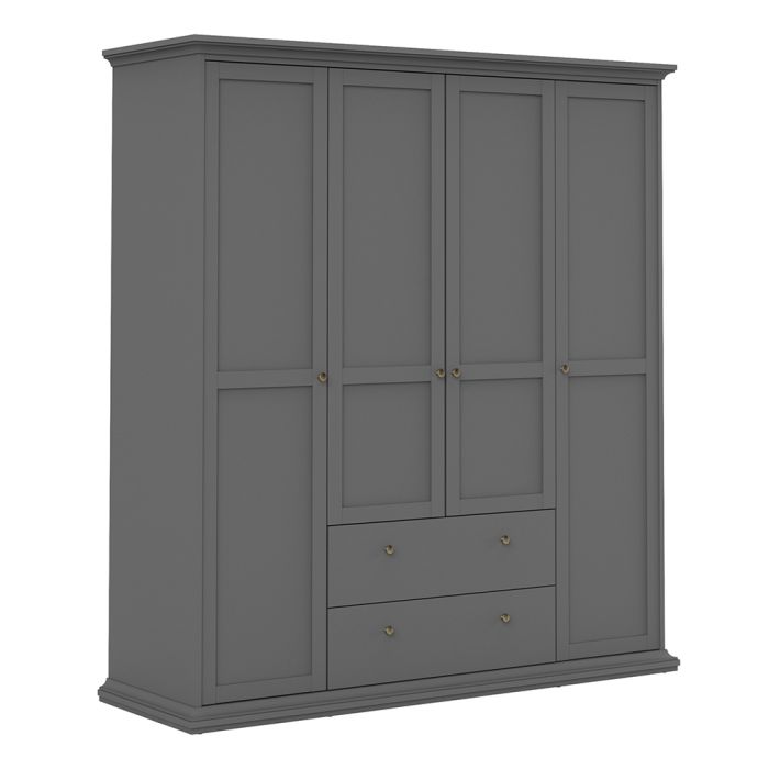 Paris Wardrobe with 4 Doors and 2 Drawers in Matt Grey - UK