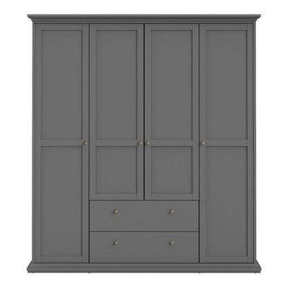 Paris Wardrobe with 4 Doors and 2 Drawers in Matt Grey - UK