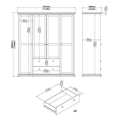 Paris Wardrobe with 4 Doors and 2 Drawers in Matt Grey - UK