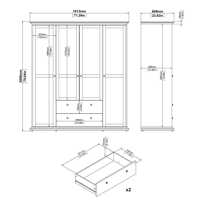 Paris Wardrobe with 4 Doors and 2 Drawers in Matt Grey - UK