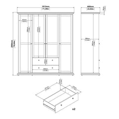 Paris Wardrobe with 4 Doors and 2 Drawers in Matt Grey - UK - Furniture One Shop