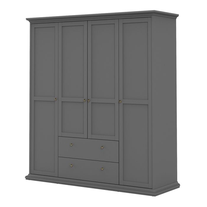 Paris Wardrobe with 4 Doors and 2 Drawers in Matt Grey - UK