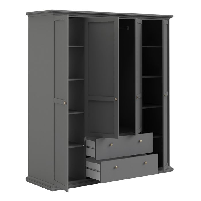 Paris Wardrobe with 4 Doors and 2 Drawers in Matt Grey - UK