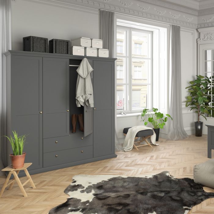 Paris Wardrobe with 4 Doors and 2 Drawers in Matt Grey - UK