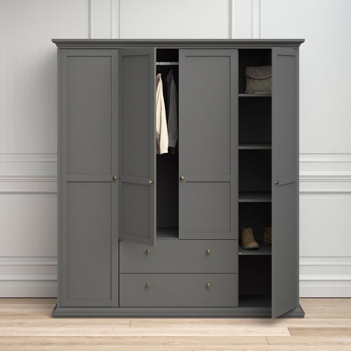 Paris Wardrobe with 4 Doors and 2 Drawers in Matt Grey - UK