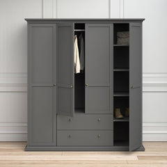Paris Wardrobe with 4 Doors and 2 Drawers in Matt Grey - UK - Furniture One Shop
