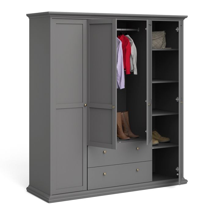 Paris Wardrobe with 4 Doors and 2 Drawers in Matt Grey - UK