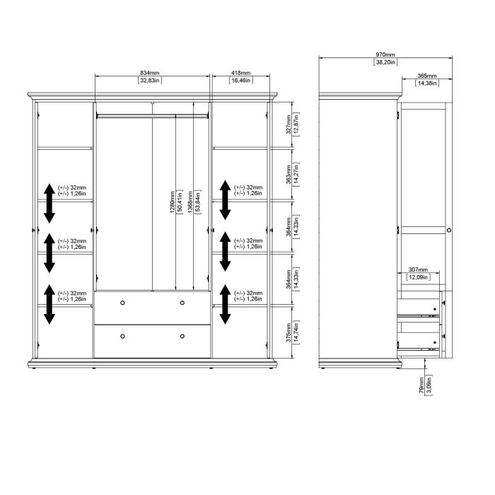 Paris Wardrobe with 4 Doors and 2 Drawers in Matt Grey - UK