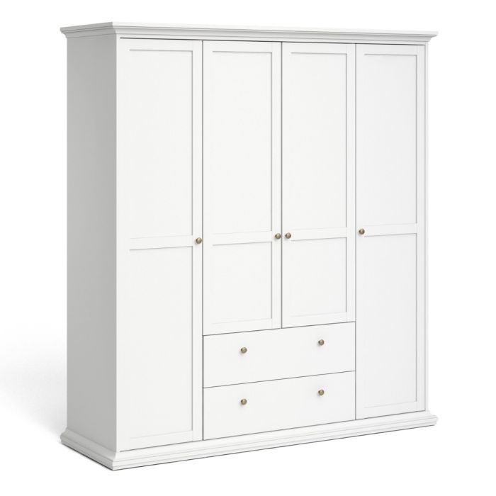 Paris Wardrobe with 4 Doors and 2 Drawers in White - UK