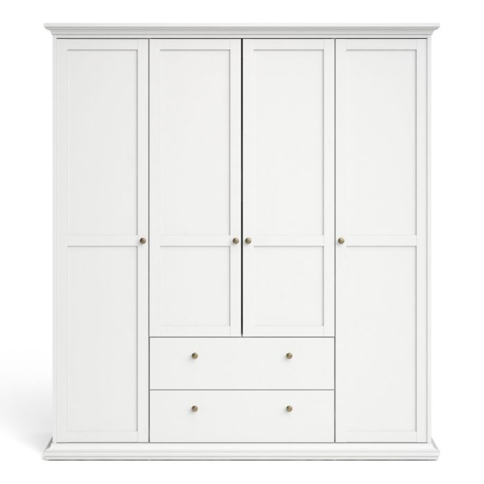 Paris Wardrobe with 4 Doors and 2 Drawers in White - UK