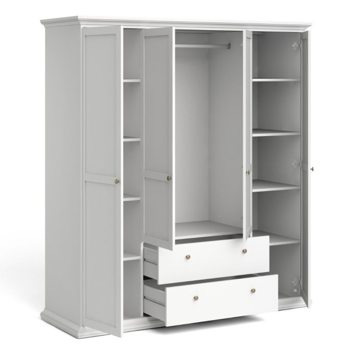 Paris Wardrobe with 4 Doors and 2 Drawers in White - UK