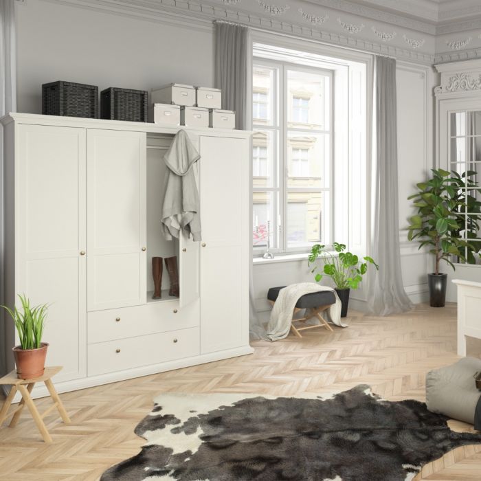 Paris Wardrobe with 4 Doors and 2 Drawers in White - UK