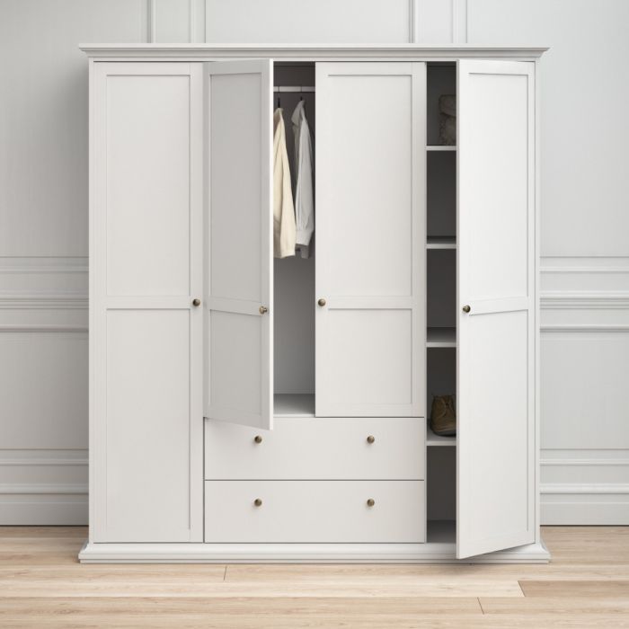 Paris Wardrobe with 4 Doors and 2 Drawers in White - UK