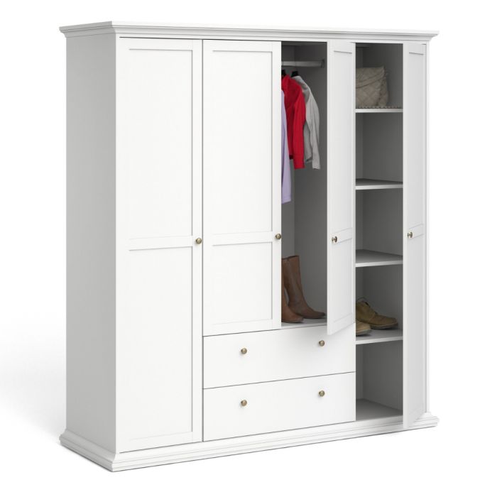 Paris Wardrobe with 4 Doors and 2 Drawers in White - UK