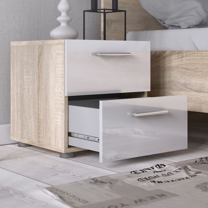 Pepe Bedside 2 Drawers in Oak with White High Gloss - UK