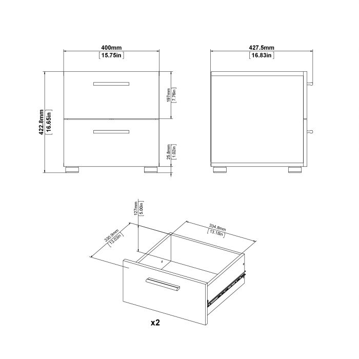 Pepe Bedside 2 Drawers in White Woodgrain - UK