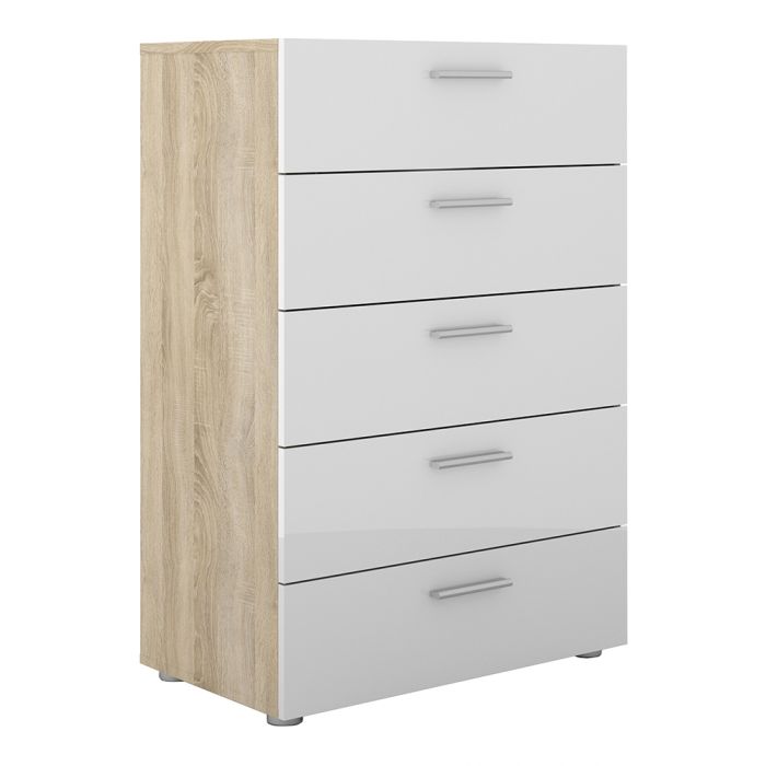 Pepe Chest of 5 Drawers in Oak with White High Gloss - UK