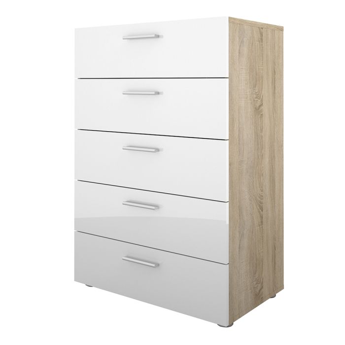 Pepe Chest of 5 Drawers in Oak with White High Gloss - UK