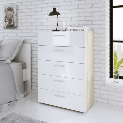 Pepe Chest of 5 Drawers in Oak with White High Gloss - UK - Furniture One Shop