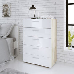 Pepe Chest of 5 Drawers in Oak with White High Gloss - UK - Furniture One Shop