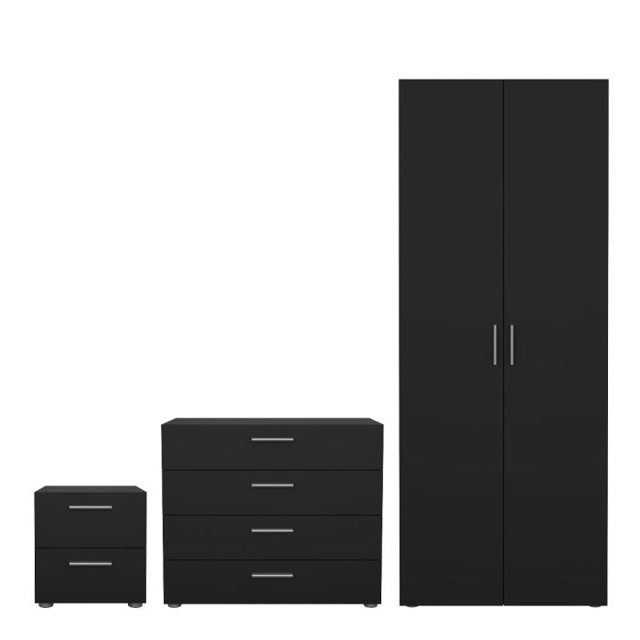 Pepe Package - Bedside 2 Drawers + Chest of 4 Drawers + Wardrobe with 2 doors in Black - UK