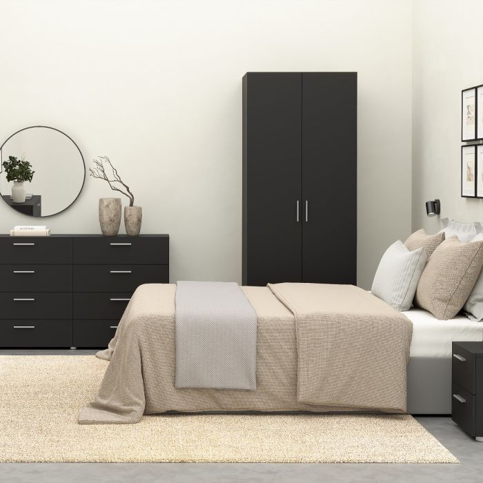 Pepe Package - Bedside 2 Drawers + Chest of 4 Drawers + Wardrobe with 2 doors in Black - UK