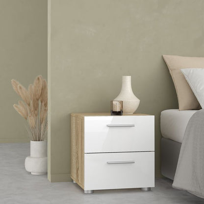 Pepe Package - Bedside 2 Drawers + Chest of 4 Drawers + Wardrobe with 2 doors in Oak with White High Gloss - UK