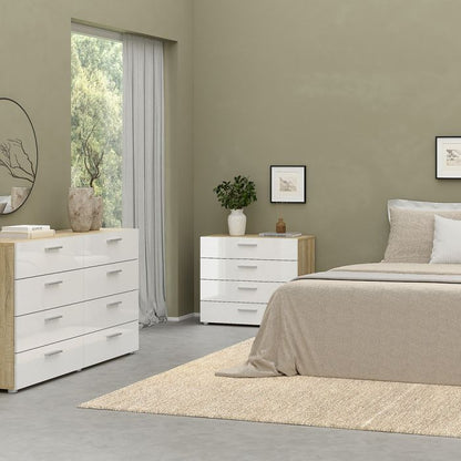 Pepe Package - Bedside 2 Drawers + Chest of 4 Drawers + Wardrobe with 2 doors in Oak with White High Gloss - UK