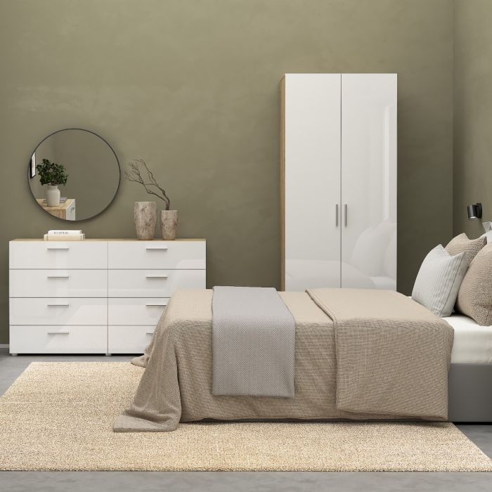 Pepe Package - Bedside 2 Drawers + Chest of 4 Drawers + Wardrobe with 2 doors in Oak with White High Gloss - UK