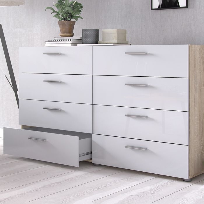 Pepe Wide Chest of 8 Drawers (4+4) in Oak with White High Gloss - UK