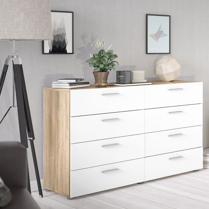 Pepe Wide Chest of 8 Drawers (4+4) in Oak with White High Gloss - UK