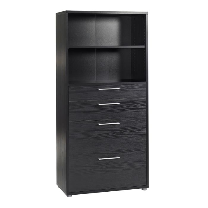 Prima Bookcase 1 Shelf With 2 Drawers + 2 File Drawers In Black Woodgrain - UK