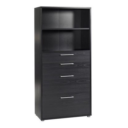 Prima Bookcase 1 Shelf With 2 Drawers + 2 File Drawers In Black Woodgrain - UK