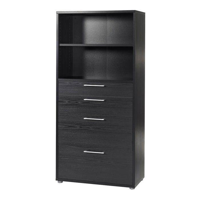 Prima Bookcase 1 Shelf With 2 Drawers + 2 File Drawers In Black Woodgrain - UK