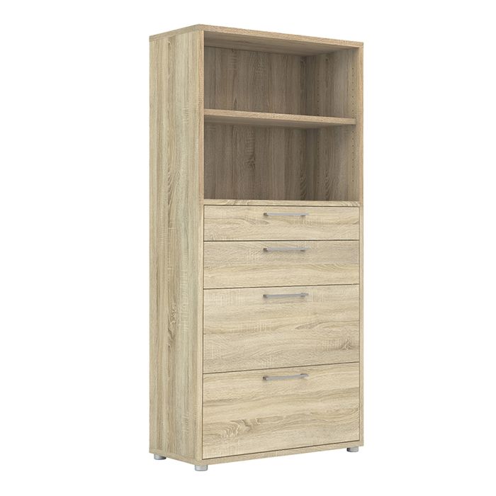 Prima Bookcase 1 Shelf with 2 Drawers + 2 File Drawers in Oak - UK