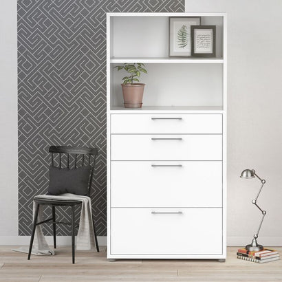 Prima Bookcase 1 Shelf With 2 Drawers + 2 File Drawers In White - UK - Furniture One Shop