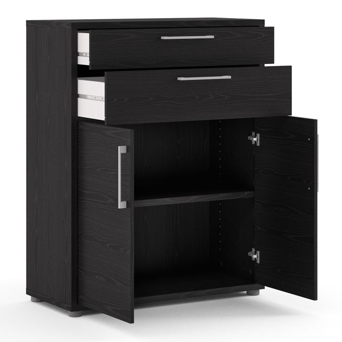 Prima Bookcase 1 Shelf With 2 Drawers And 2 Doors In Black Woodgrain - UK