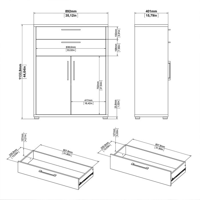 Prima Bookcase 1 Shelf With 2 Drawers And 2 Doors In Black Woodgrain - UK