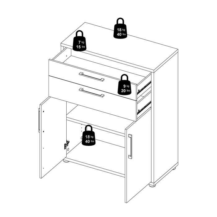 Prima Bookcase 1 Shelf with 2 Drawers and 2 Doors in Oak - UK