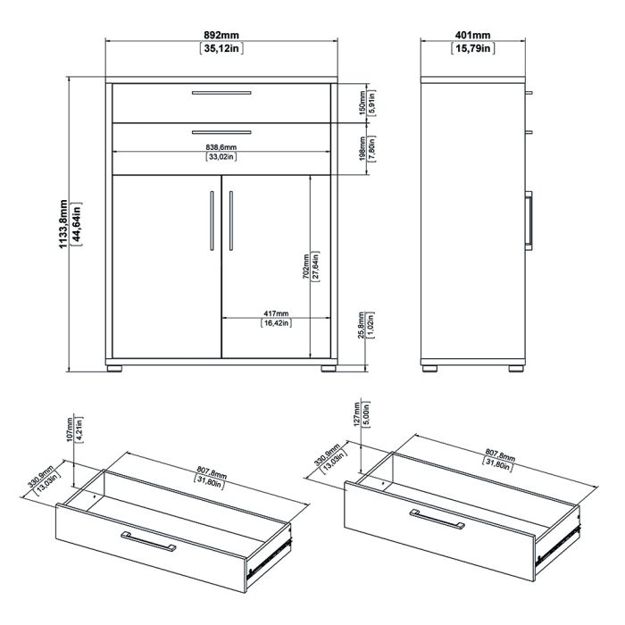 Prima Bookcase 1 Shelf With 2 Drawers And 2 Doors In White - UK