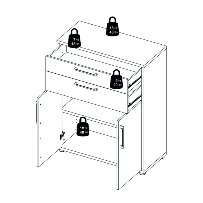 Prima Bookcase 1 Shelf With 2 Drawers And 2 Doors In White - UK